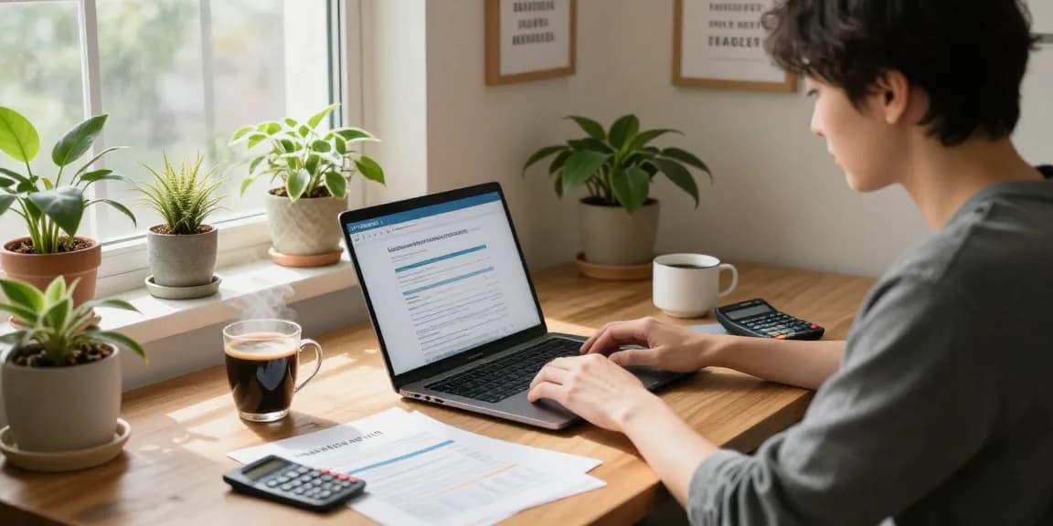 Individual applying for a RadCred 400 loan in a cozy home office with financial documents and laptop.