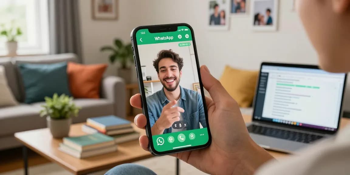 Engaging WhatsApp下載 experience depicted with user on video call in inviting living room, showcasing connection.