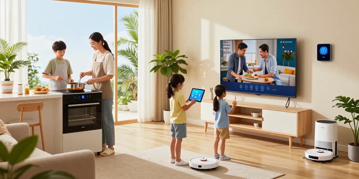 Family interacting with best smart home gadgets 2026 in a cozy living room, showcasing smart devices in action.