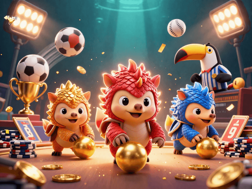 Experience thrilling gameplay with BL555 as rival pangolins battle through poker chips and sports elements.