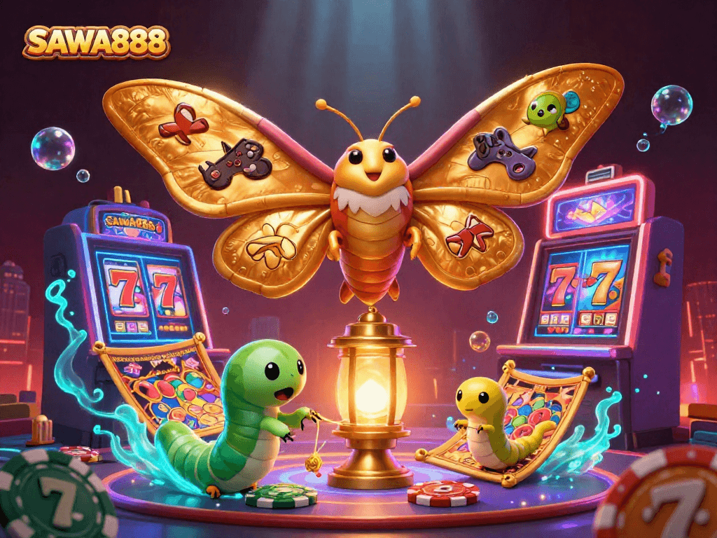 Experience the exciting gameplay of SAWA888 with vibrant slot reels, golden moths, and casino elements.