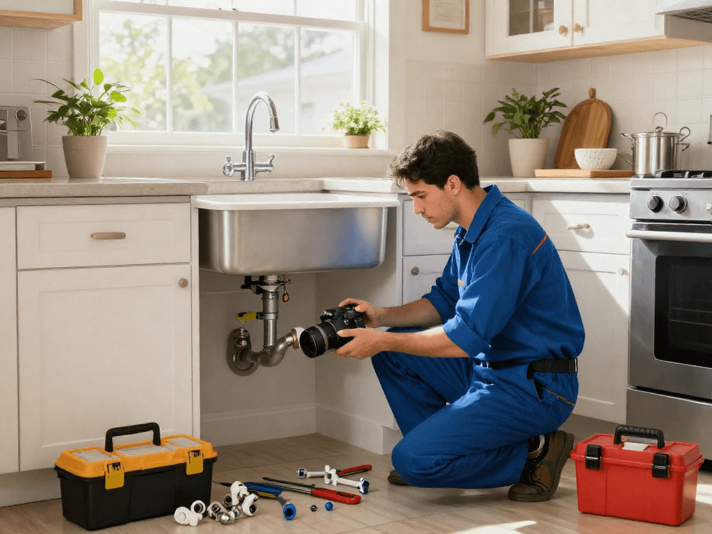 Mateo and Sons Plumbing technician fixing a leaking sink in a well-lit Fort Worth home, demonstrating expert residential plumbing services.
