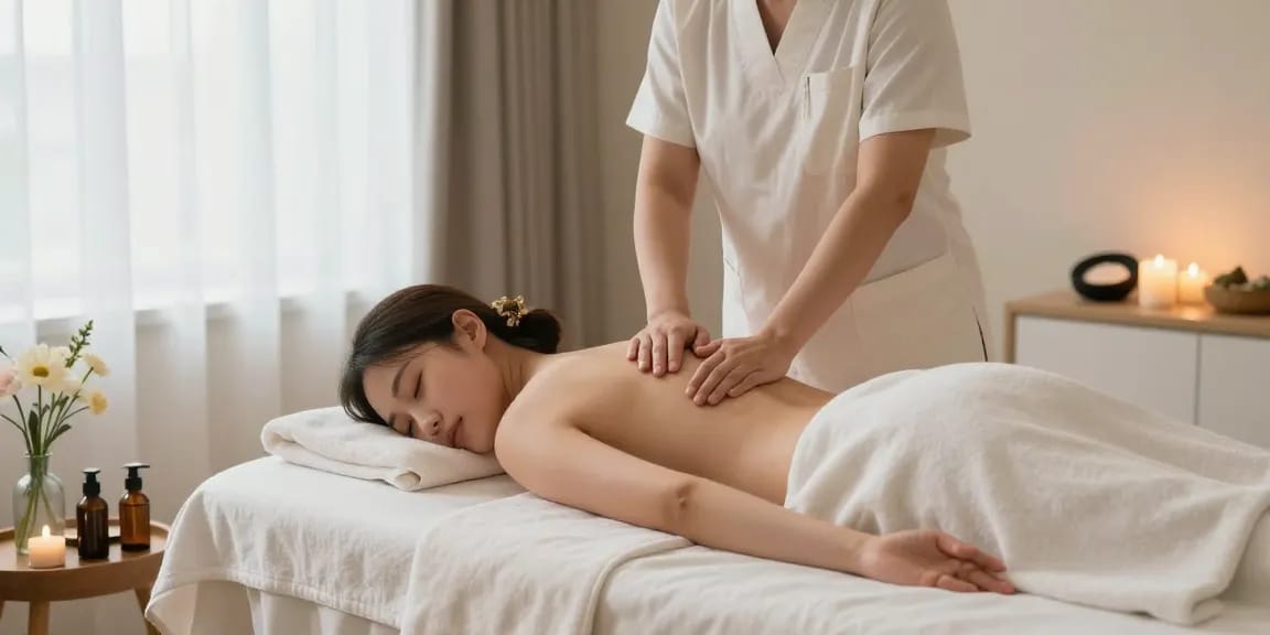 Providing a relaxing 강남출장안마 experience in a serene home spa environment with candles and soft lighting.