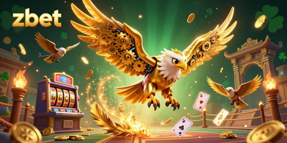 Zbet showcases an ultra-detailed 3D rendering capturing a cybernetic eagle amidst vibrant slot machines.