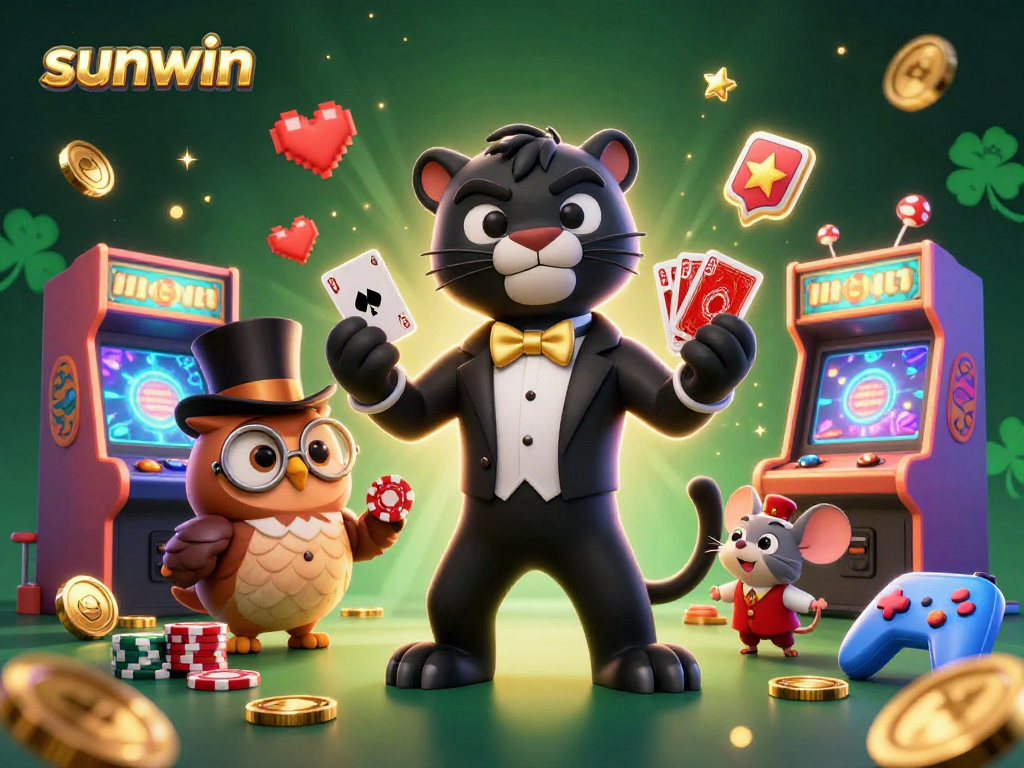 Deal cards with style at sunwin, featuring a tuxedo panther alongside gaming icons.