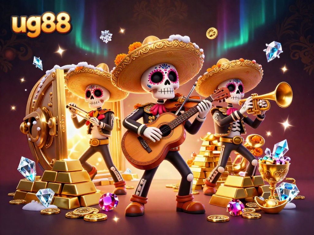 Experience the excitement of ug88 with a vibrant 3D illustration featuring a mariachi band in a casino atmosphere.