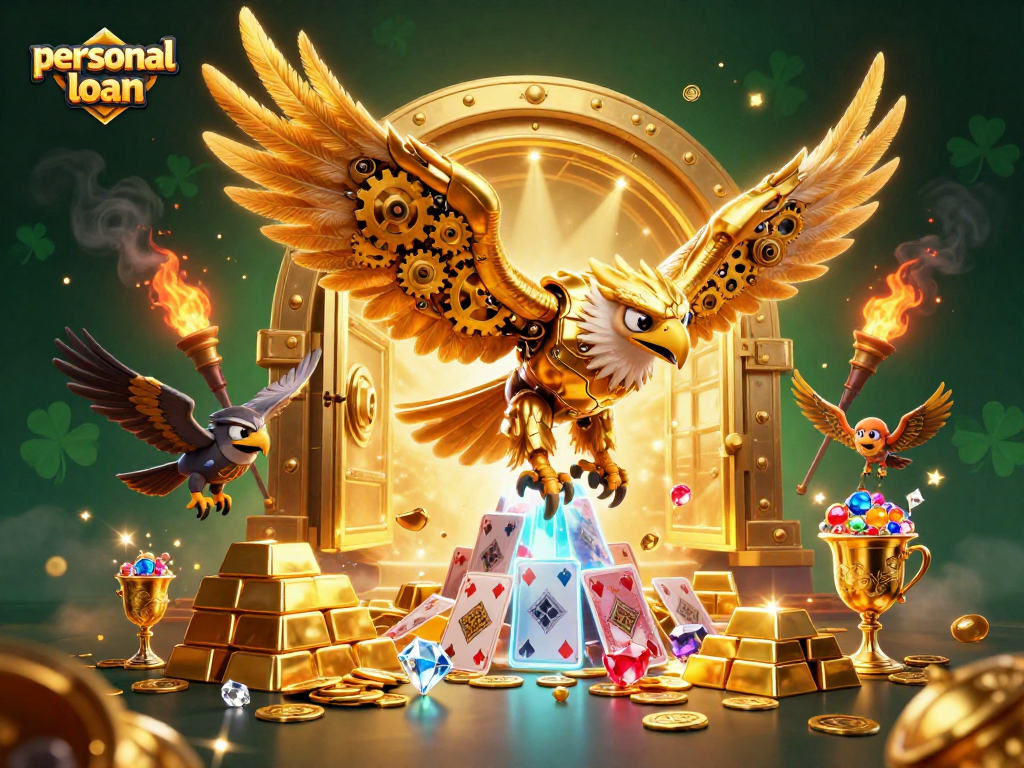Engage in dynamic personal loan options with our cybernetic golden eagle amidst casino treasures.