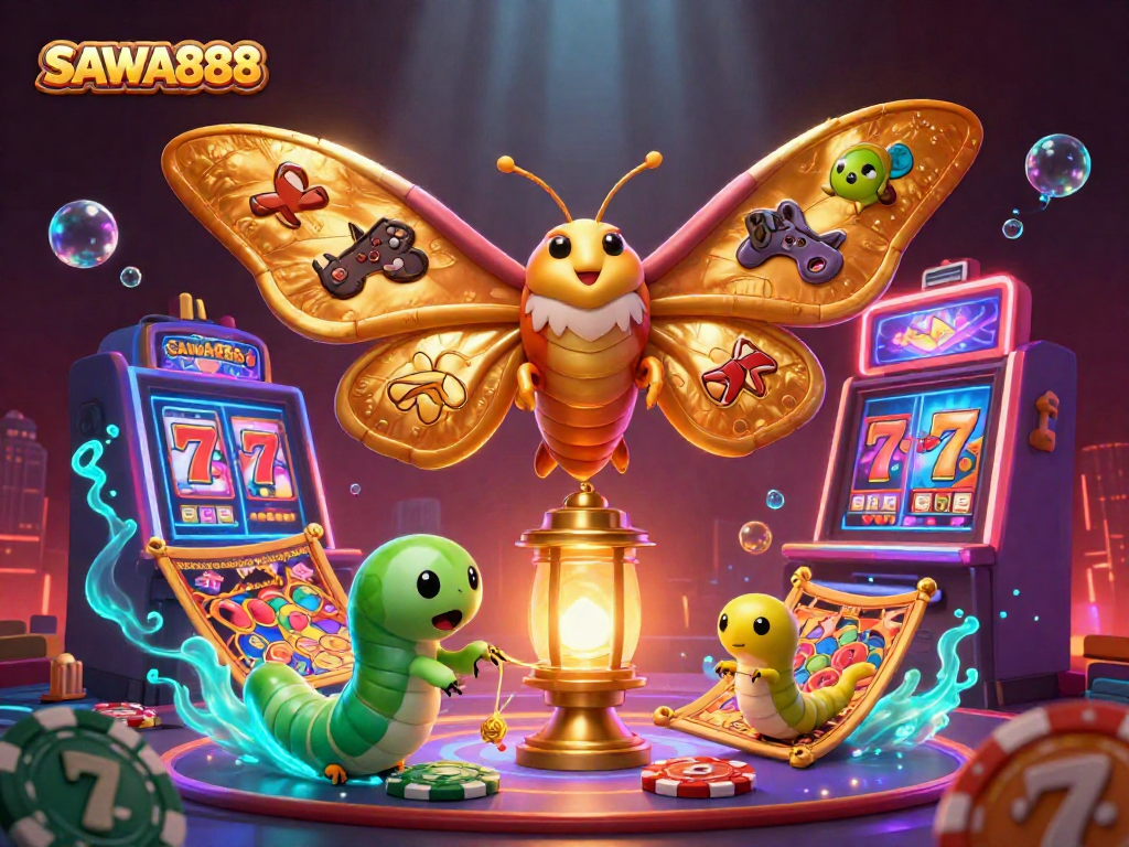 Experience the exciting gameplay of SAWA888 with vibrant slot reels, golden moths, and casino elements.