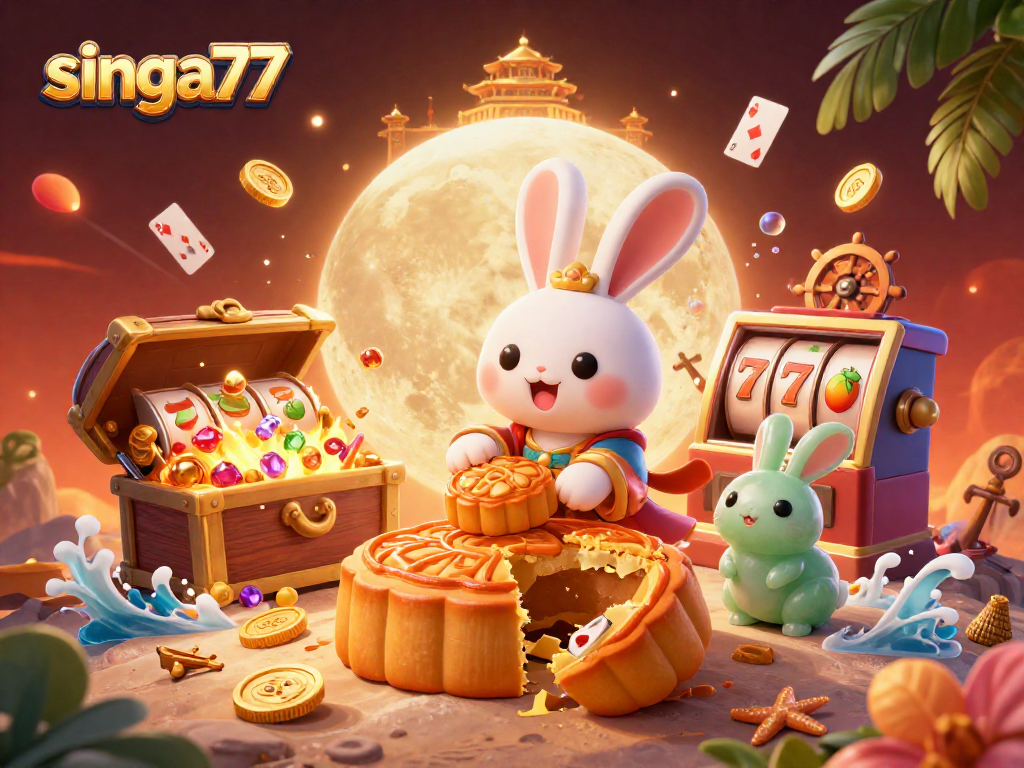 Singa77 showcases lively gambling themes with a moon rabbit on a lunar casino backdrop, blending culture and gaming.
