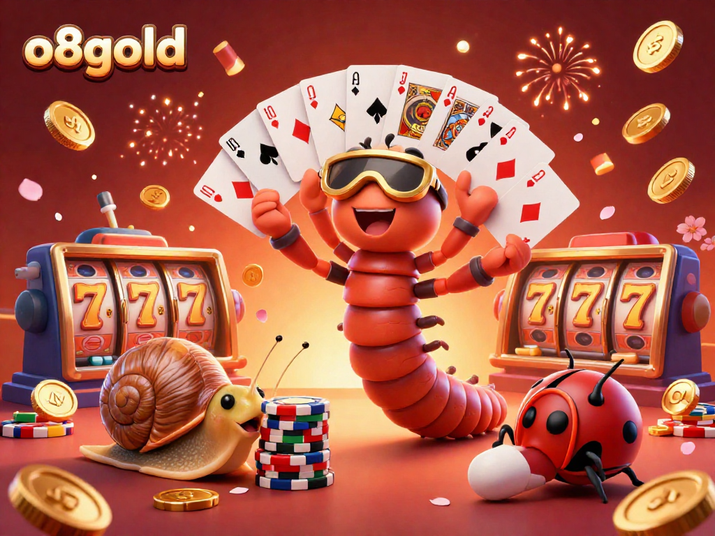 Experience the excitement of o8gold with a lively casino scene featuring a unique 3D dealer, colorful playing cards, and gold jackpot elements.