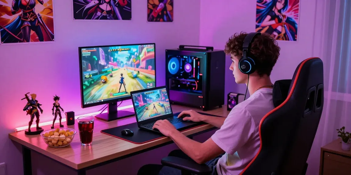 Experience exciting hentai games in a vibrant gaming room with colorful lighting and engaging gameplay.