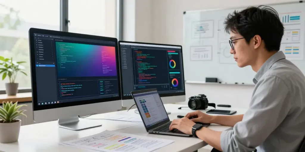 SEO professional analyzing instant indexing strategies in a bright office.