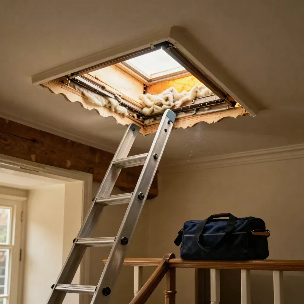 Victorian terrace hallway view into an open loft hatch with insulation and ladder edge