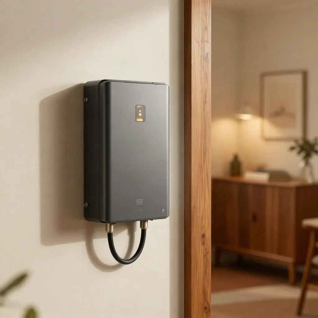 Wall-mounted home battery beside consumer unit with amber status light in a warm utility room.