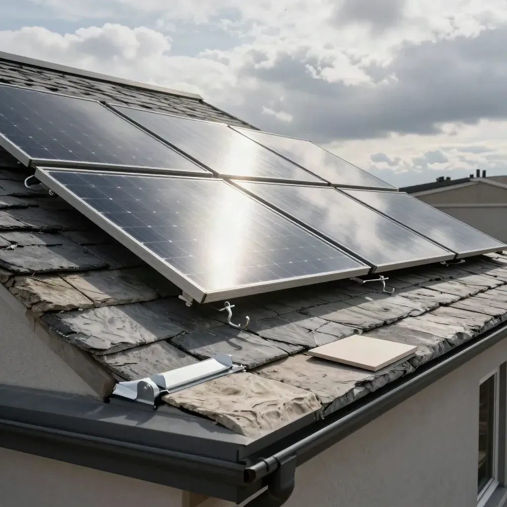 Solar panels on a slate roof catch a brief cloud break beside hooks and a tile sample.