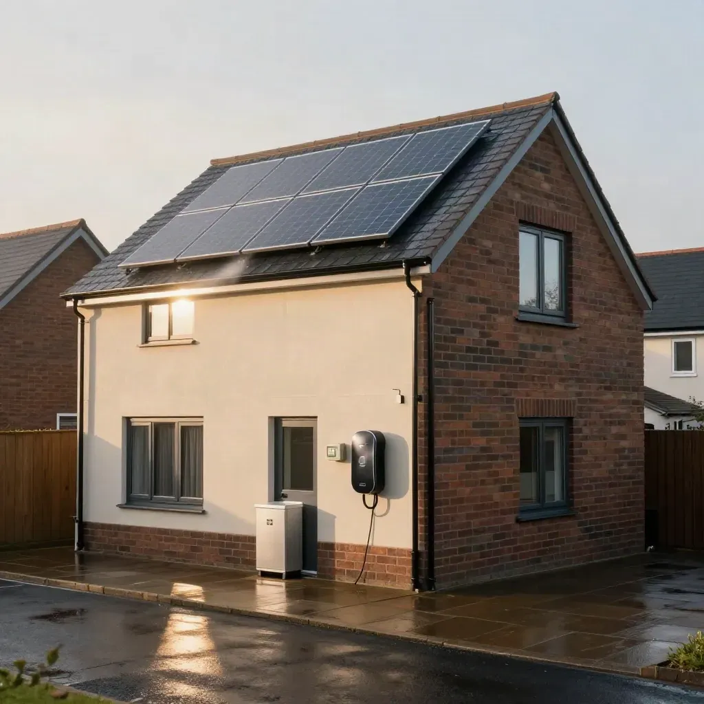 Rain-wet UK semi-detached home with solar panels, battery and EV charger in first sunrise.