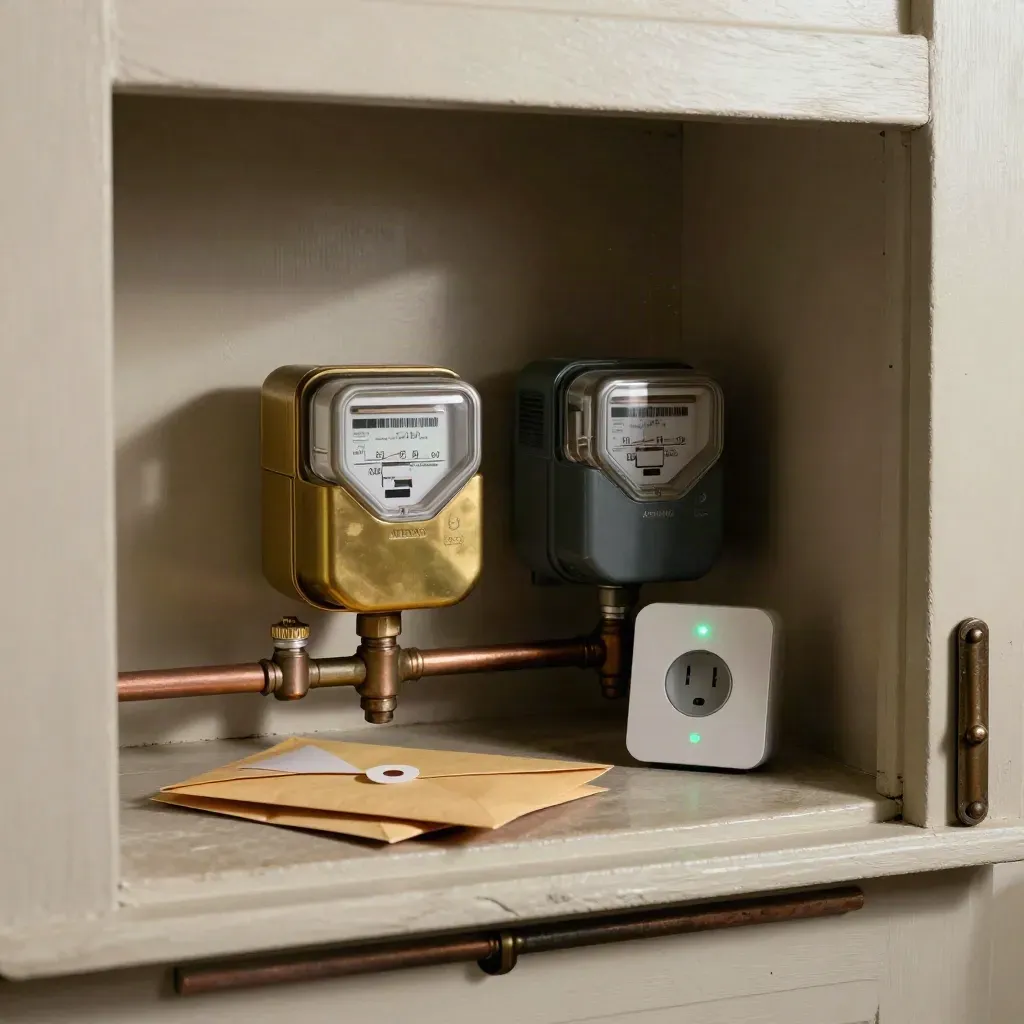 Meter cupboard with gas and electric meters, smart monitor, and face-down utility envelopes