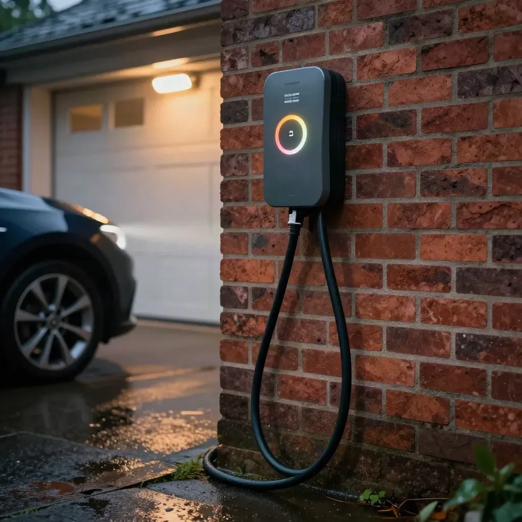Wallbox EV charger on a brick garage wall with a car nose and wet driveway at dusk.
