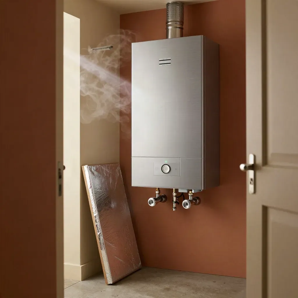 Boiler room with combi boiler, thermostat, valves, and insulation boards in dramatic light
