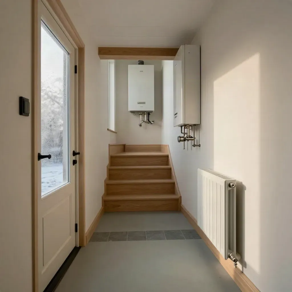 Renovated hallway with sealed front door, loft hatch, boiler cupboard and neat radiator zone.