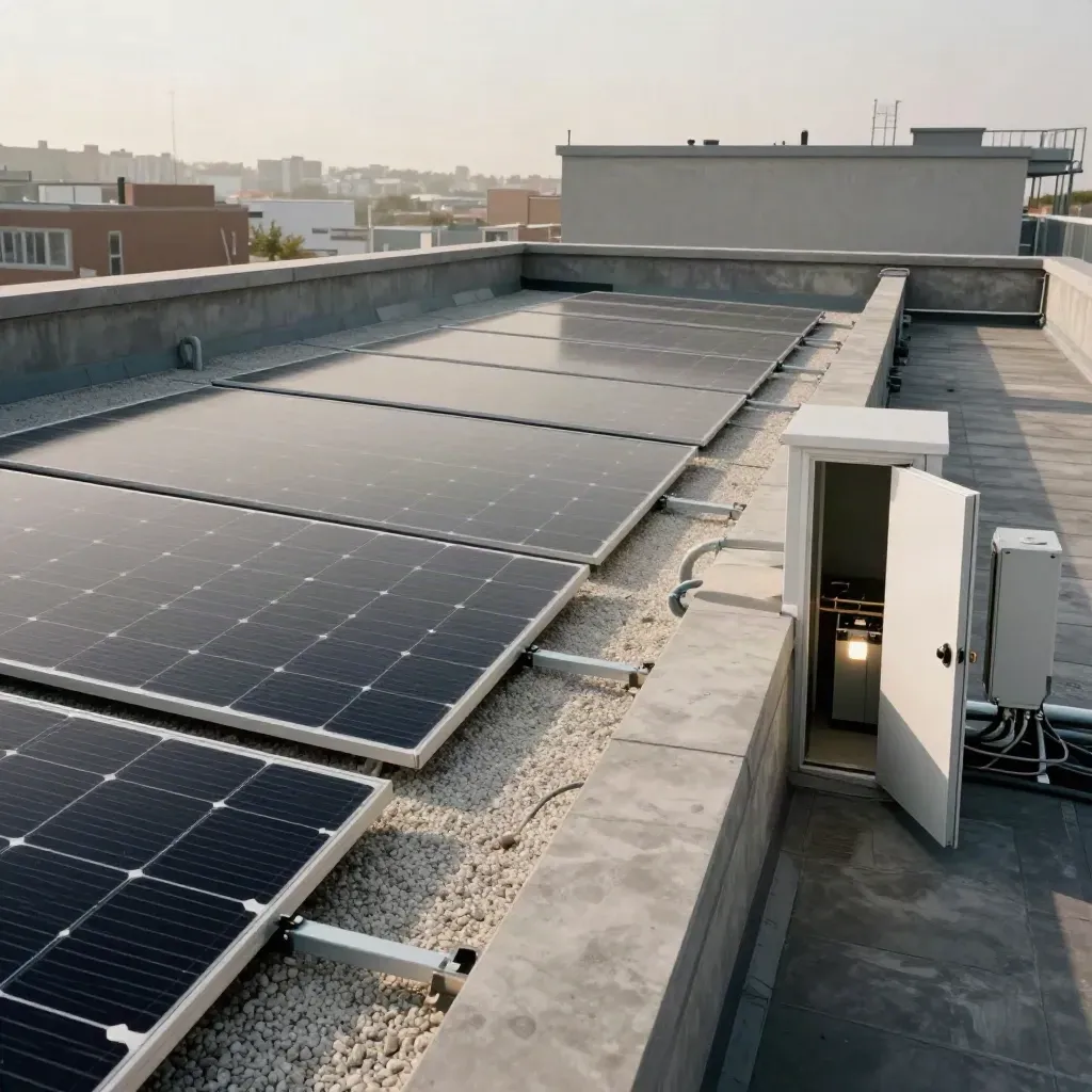 Cafe roof with solar panels and a battery cabinet glowing in late-afternoon light.