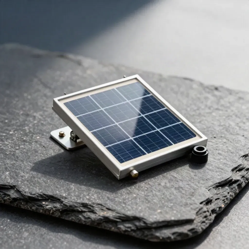 Solar planning mockup with panel, roof hook, rail sample and cable gland on slate tile.