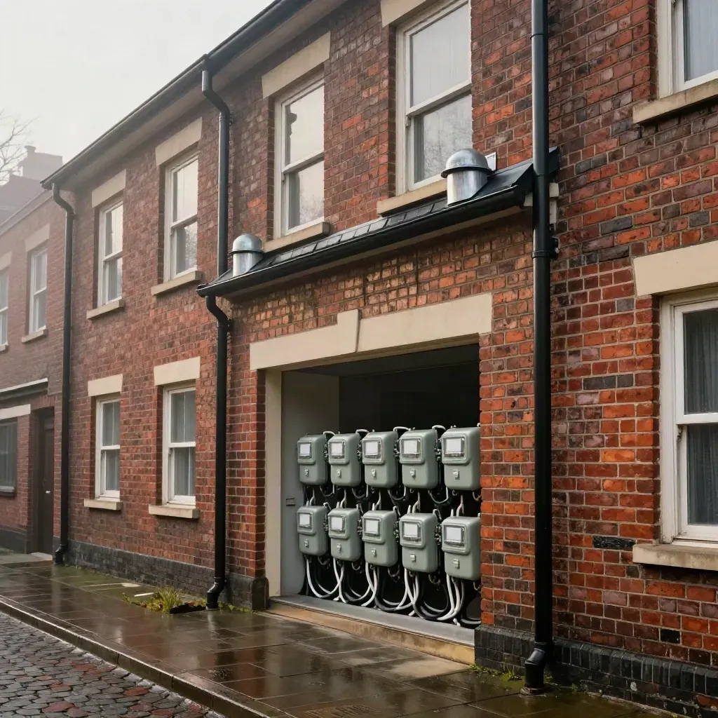 Brick rental block façade with new smart meters and roof vents on a damp courtyard.