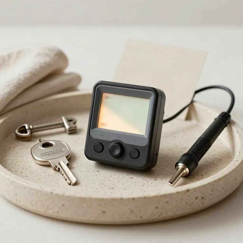 Power monitor, smart meter key, bleed key and heat-loss probe on a travertine tray