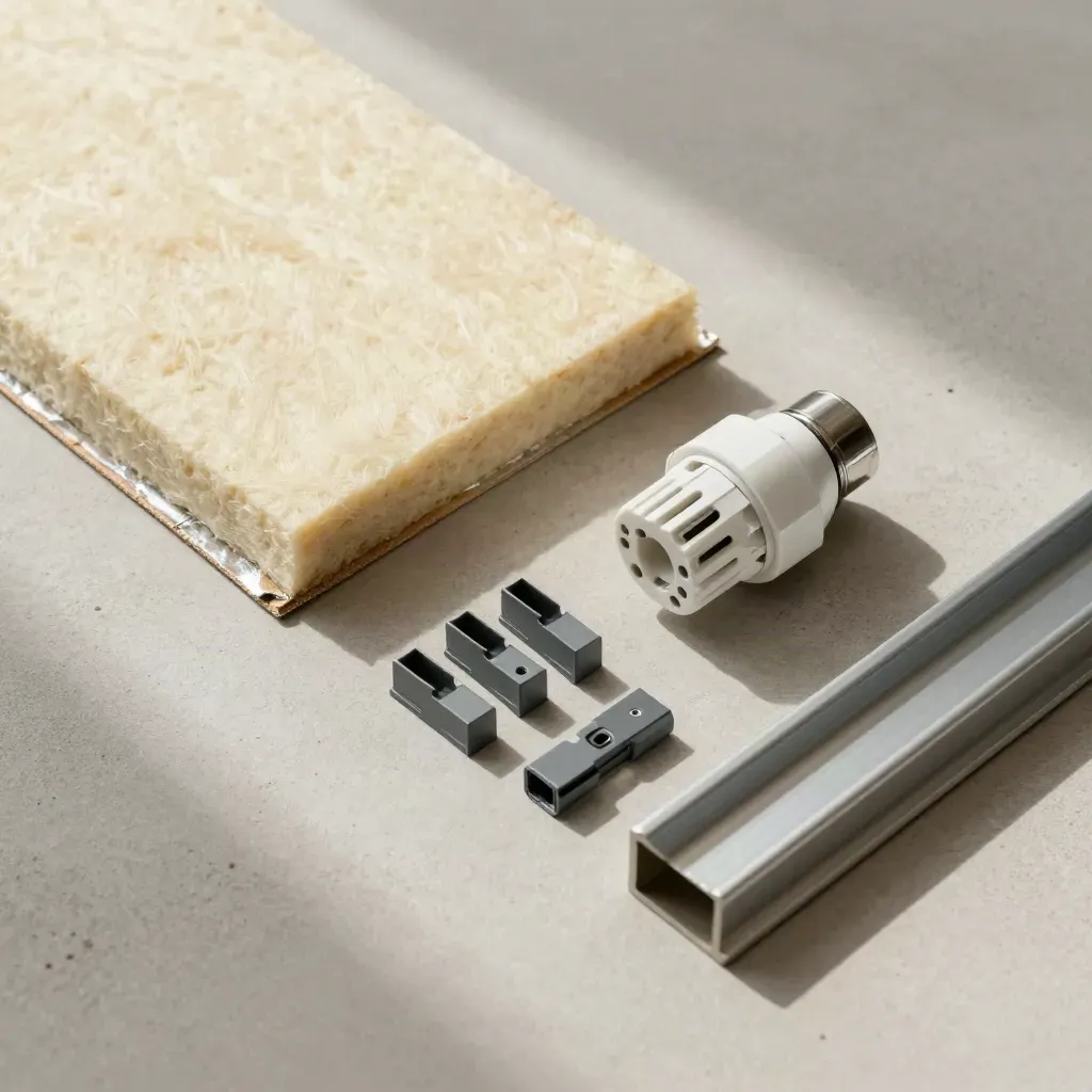 Overhead flatlay of insulation sample board, TRV head, cable clips and PV rail offcut on pale concrete