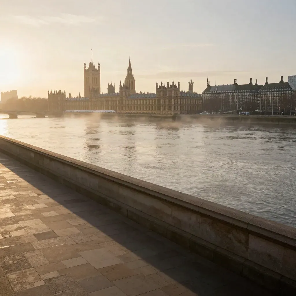 Westminster skyline above the Thames at sunset, with calm river water and pale embankments.