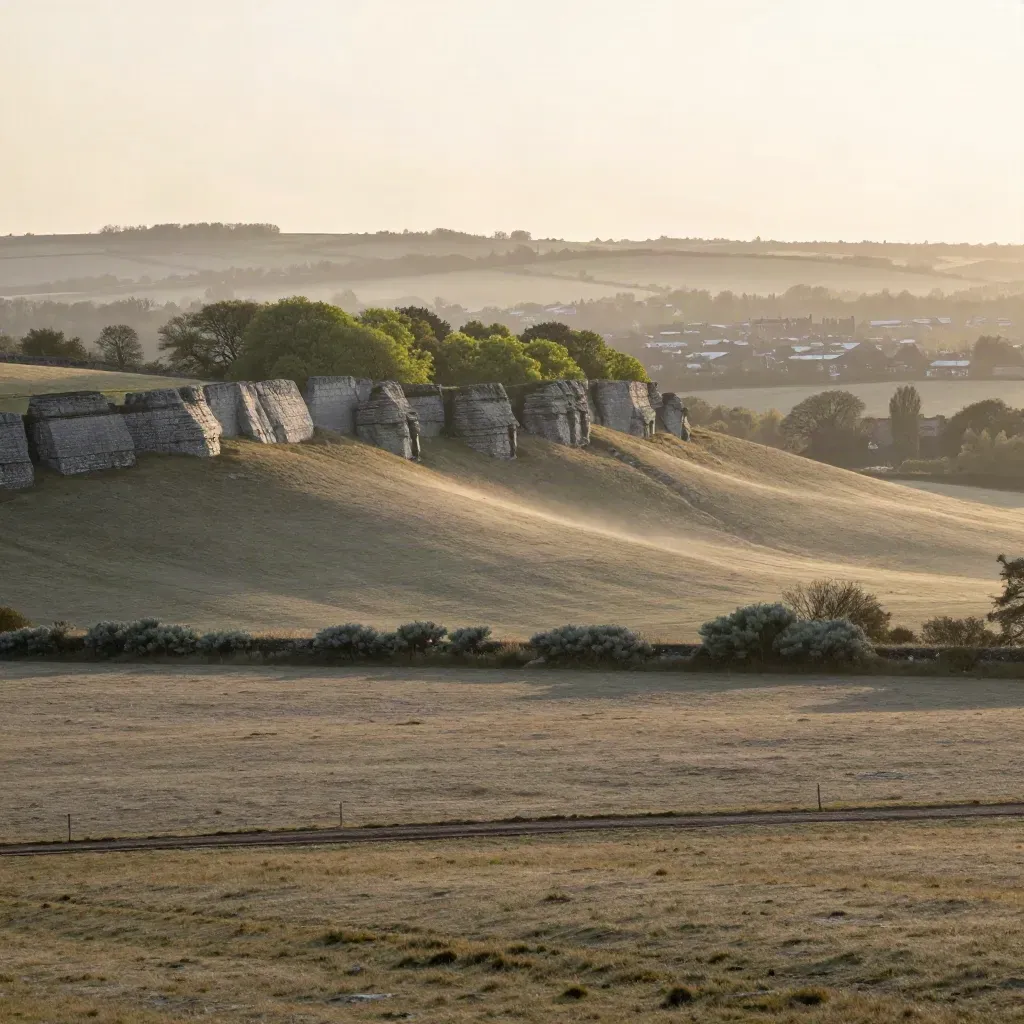 Evening haze over East Midlands limestone ridge and distant city edge.