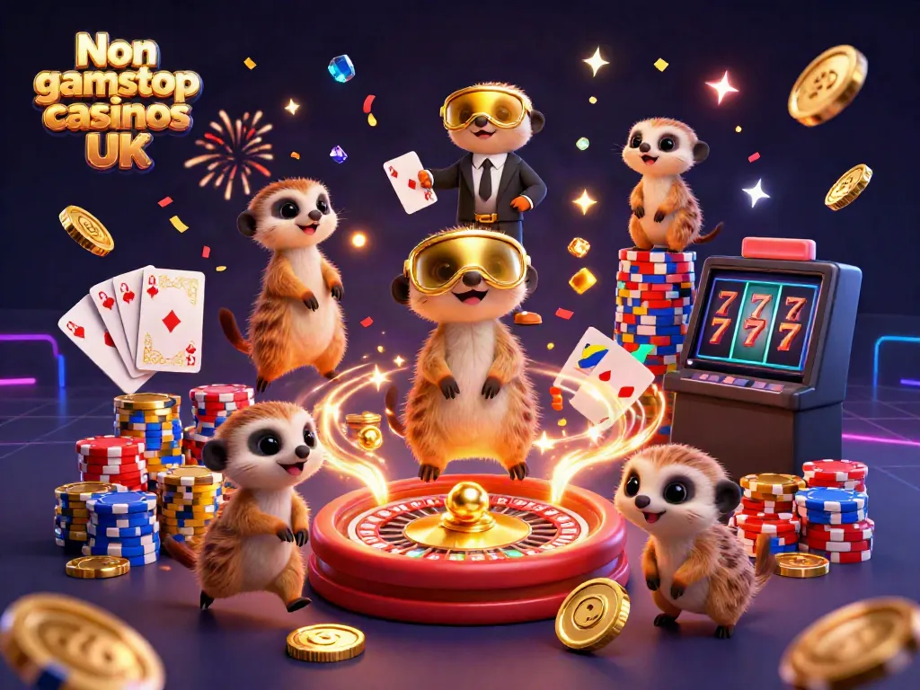 Engaging scene of a vibrant casino run by meerkats illustrating Non gamstop casinos UK theme with festive details.