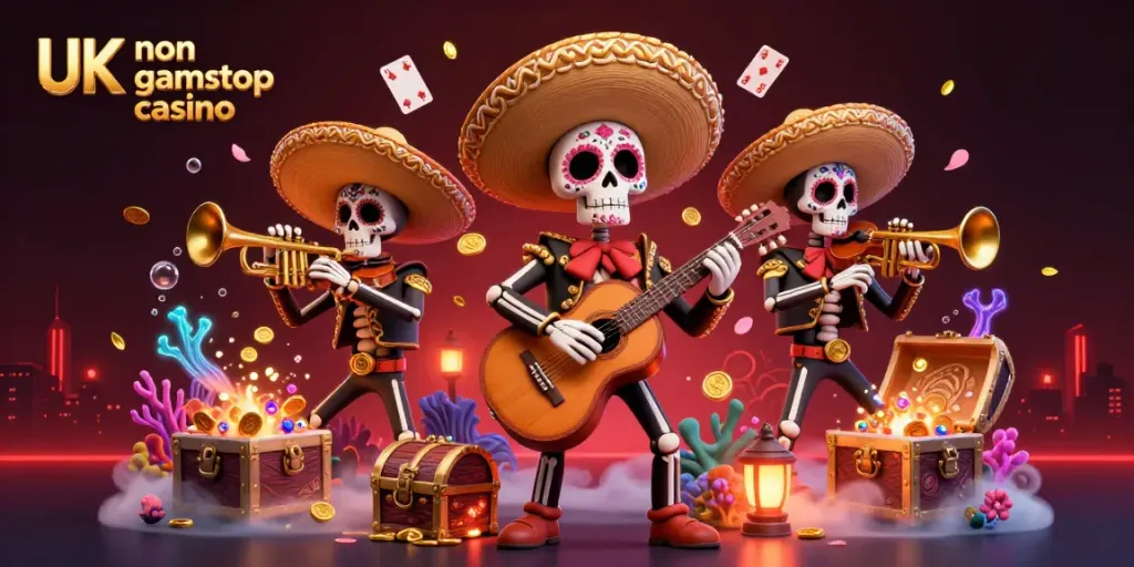 Experience the vibrant thrill of UK non gamstop casino with lively mariachi skeletons and engaging gaming elements.