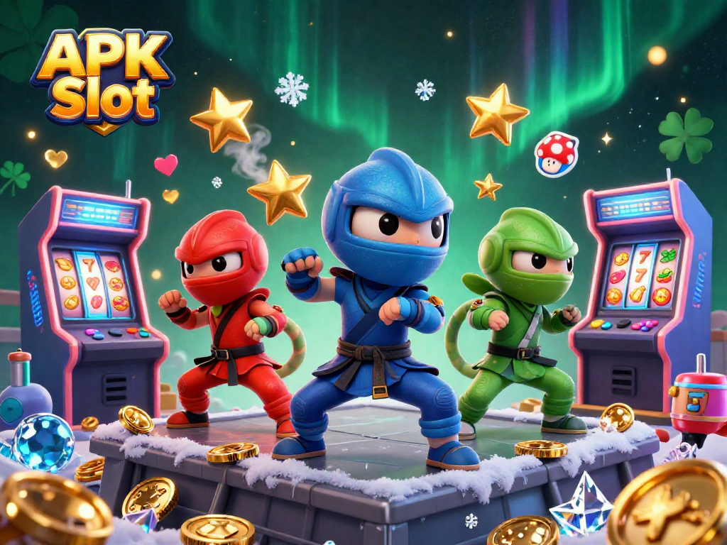 Engage with APK Slot through vibrant 3D illustration showcasing chameleons and dynamic casino elements.