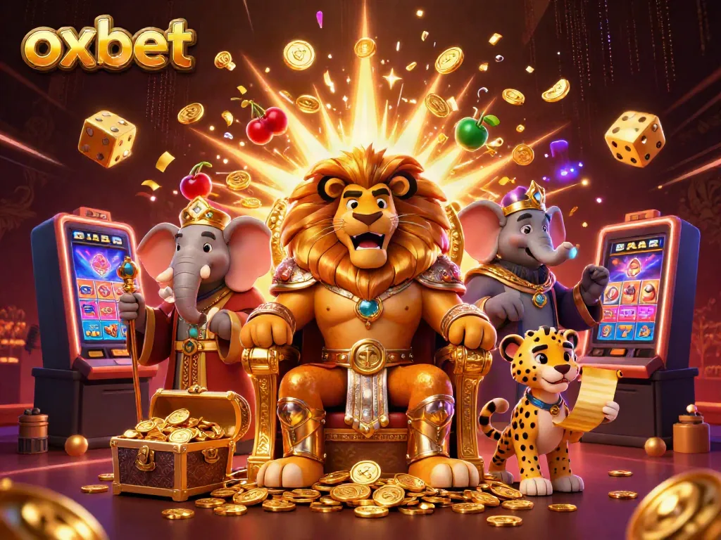 Experience the vibrant thrill of oxbet with a lion king throne, slot machines, and gold coins