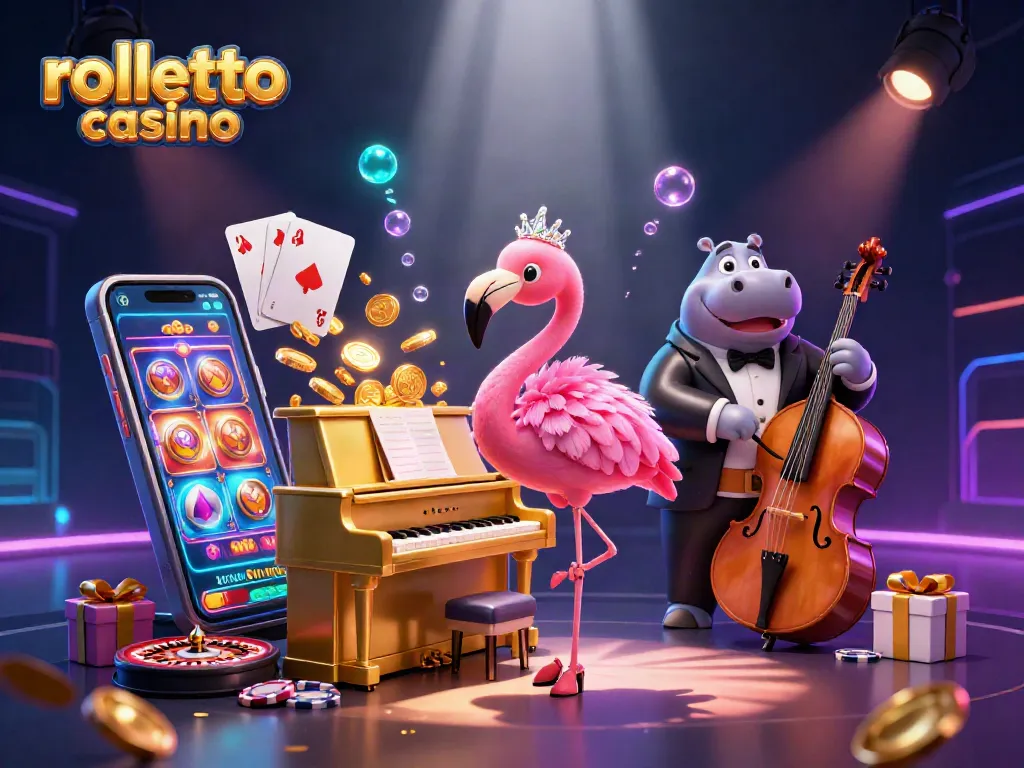Experience the excitement of rolletto casino with vibrant characters and colorful slot games in an engaging 3D illustration.