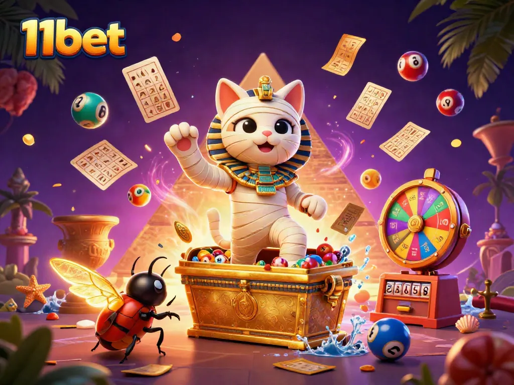 Experience thrilling games at 11bet as the Egyptian mummy cat bursts from the sarcophagus amidst casino excitement.