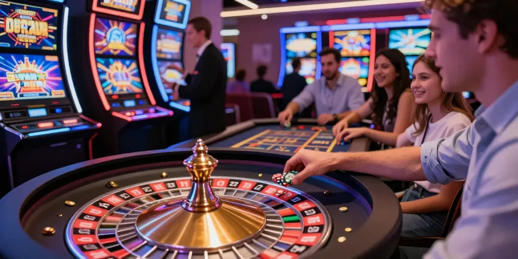 Excited players at SIN88 engaging in casino games, showcasing vibrant atmosphere and modern gaming technology.
