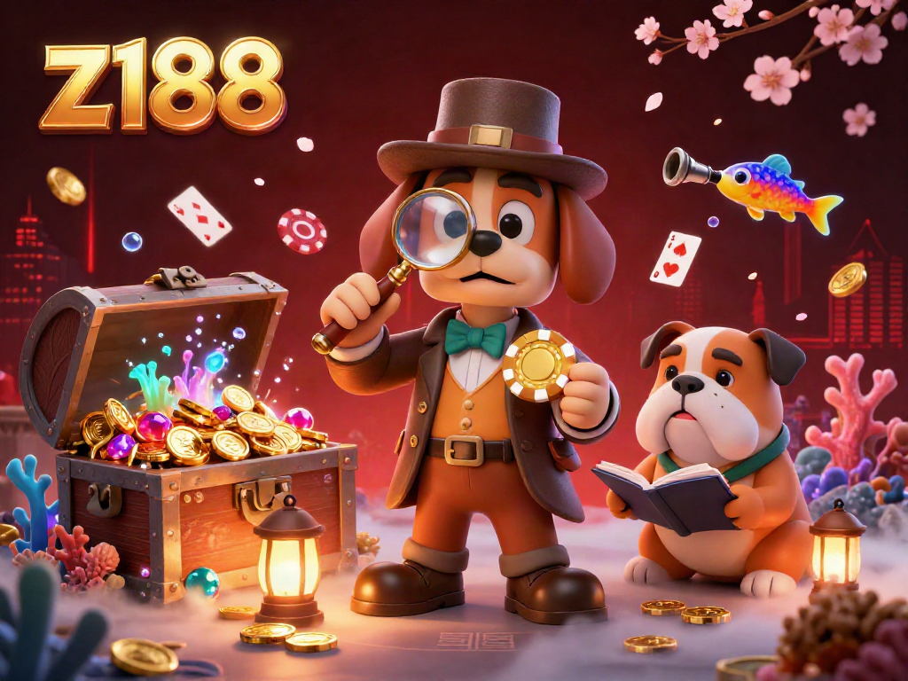 Engage with z188's gaming treasures as a detective uncovers hidden poker chip clues in a vibrant 3D scene.