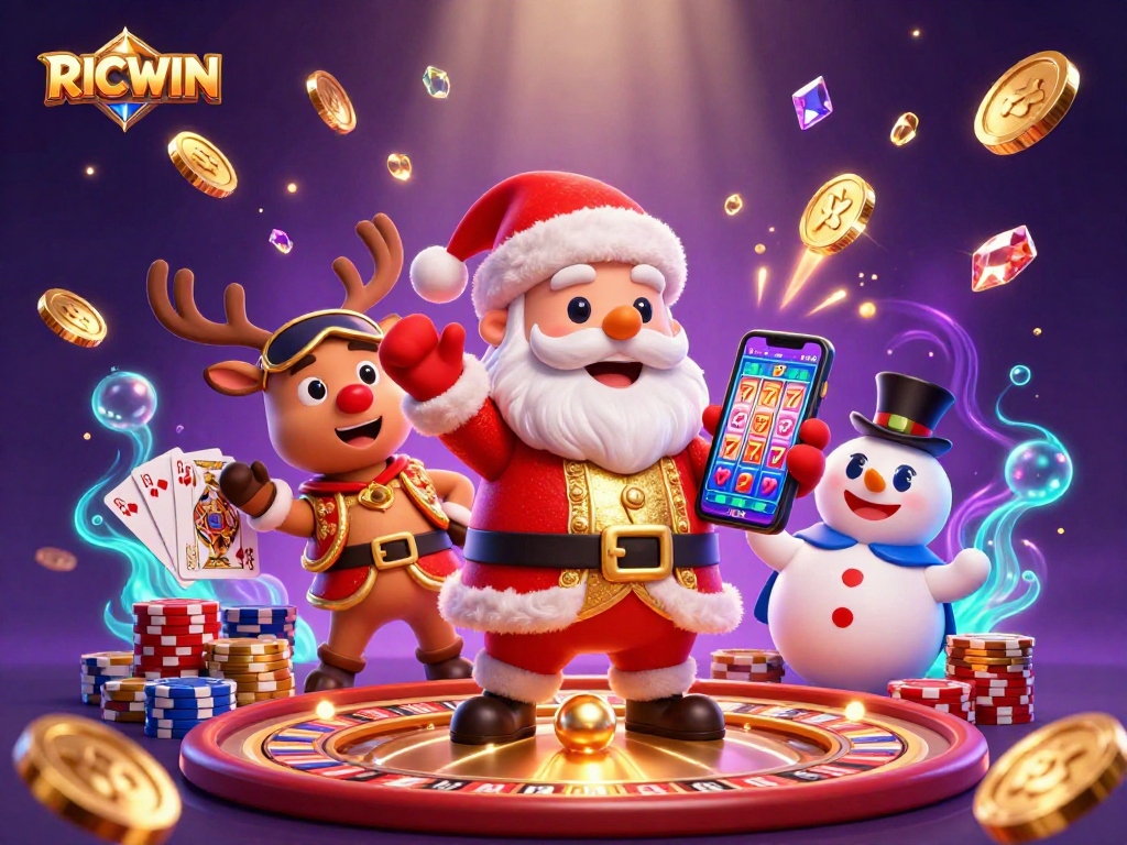 Experience RICWIN excitement in vibrant 3D with Santa and friends in a casino-themed scene.