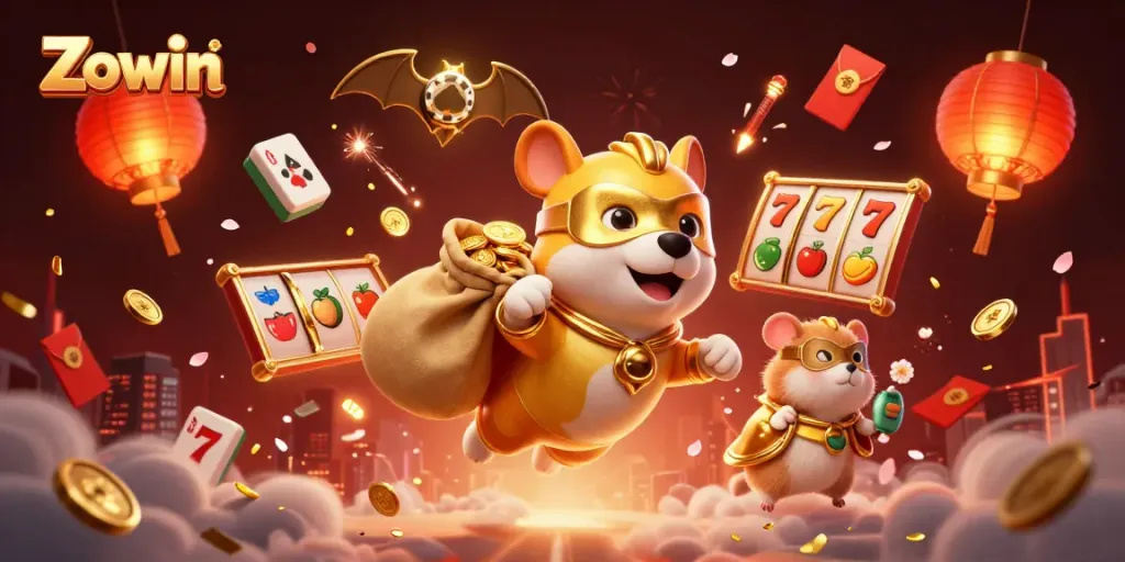 Zowin slots action illustrated with a superhero dog and hamster amidst a bustling casino scene