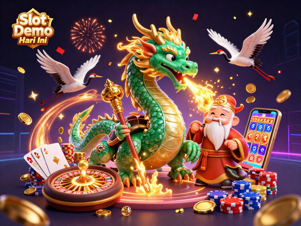 Experience an exciting Slot Demo Gacor Hari Ini with our dynamic 3D casino illustration featuring a dragon and lucky symbols.