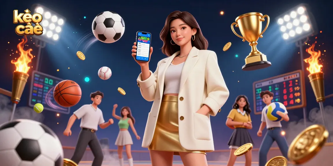 Engaging scene showcasing kèo nhà cái with a beautiful Asian woman demonstrating a sports betting app, surrounded by dynamic sports elements and gold accents.