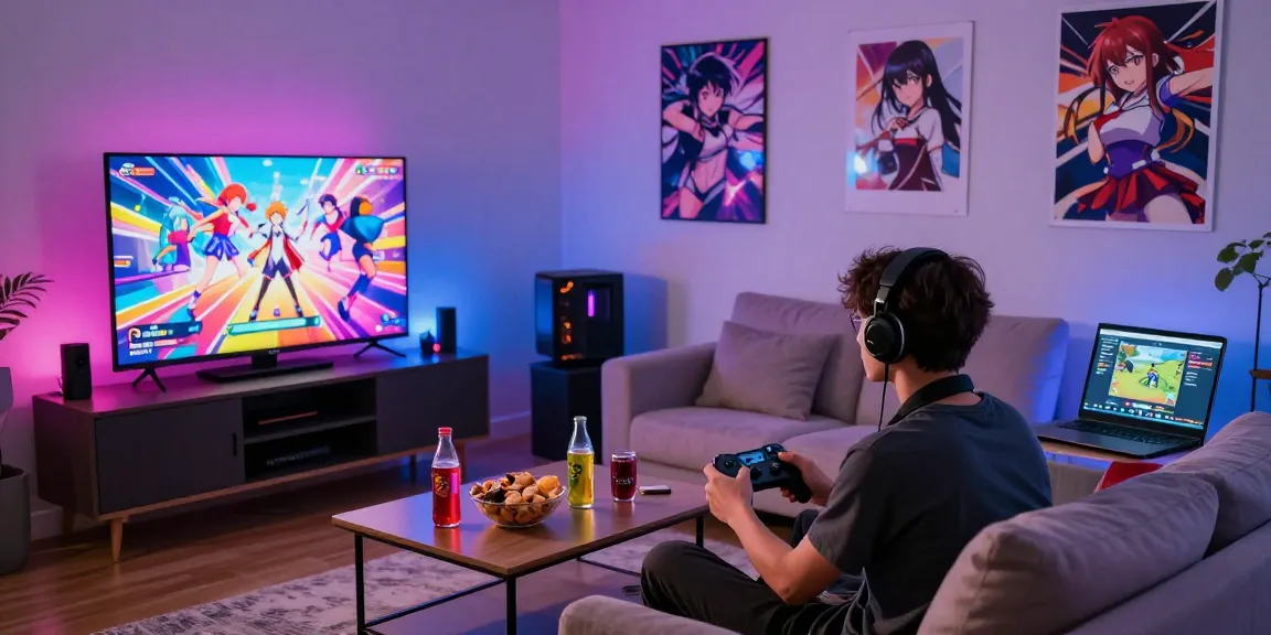 Engaged gamer playing a free ecchi game on a large screen in a cozy living room.