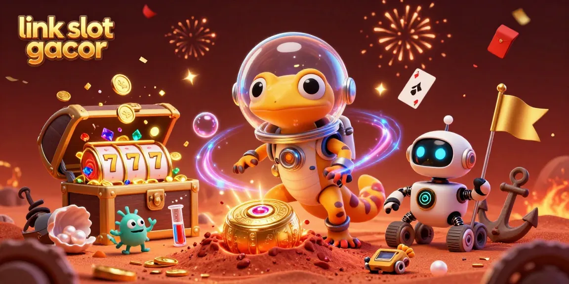 Experience the excitement of link slot gacor with a cartoon Martian gecko discovering a golden casino in space.