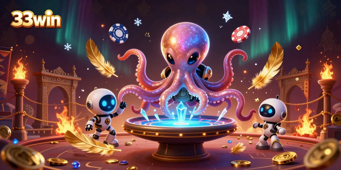 Engage with exciting poker action at 33win, featuring a cosmic octopus and holographic table.
