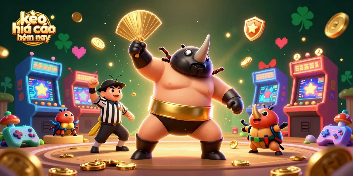 Experience the thrill of kèo nhà cái hôm nay as a powerful beetle champion stomps golden coins in a lively casino scene.