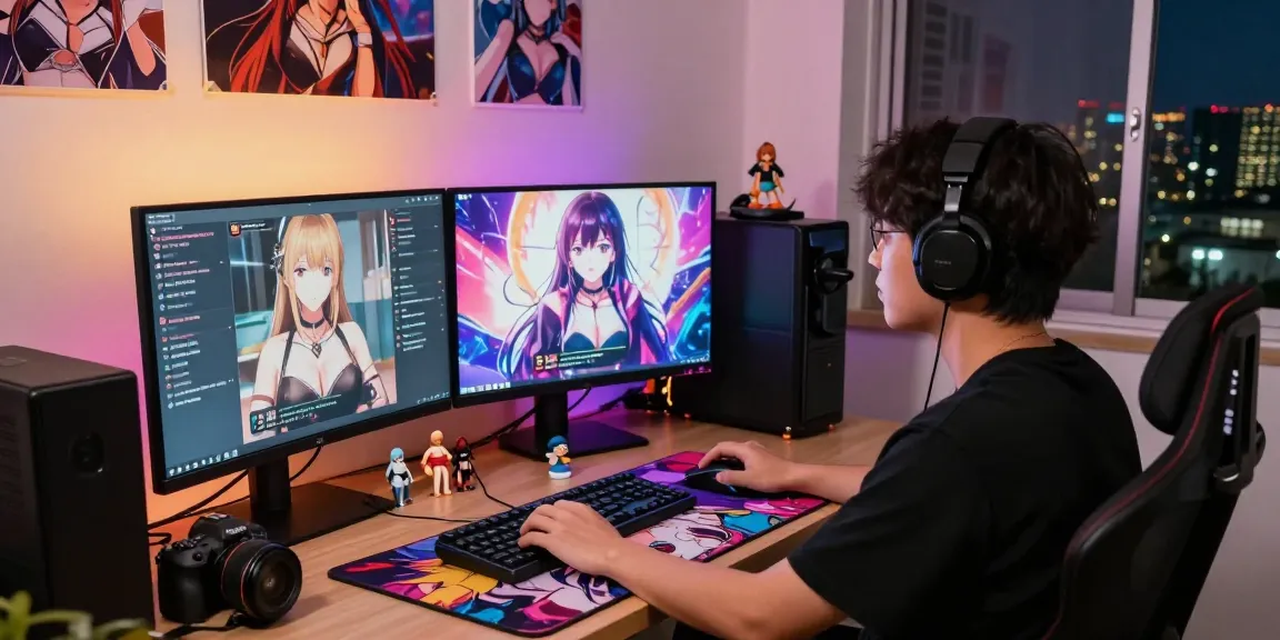 Dynamic scene of a user engaging in ecchi chat with vibrant character avatars on screens, cozy atmosphere with anime decor.