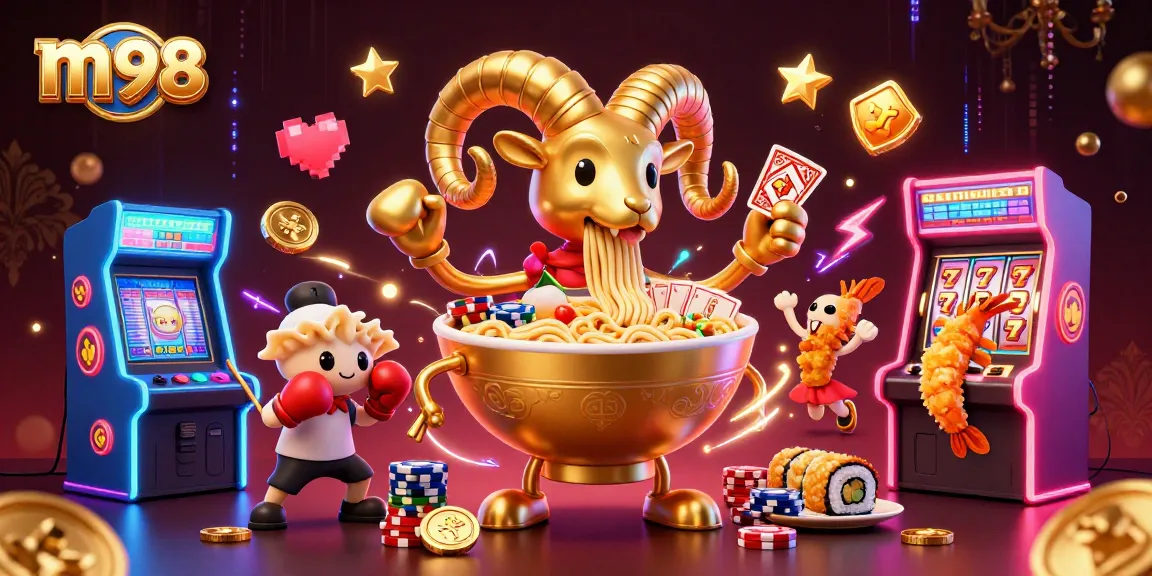 The m98 online casino features a vibrant scene with engaging casino characters and dynamic gaming elements.