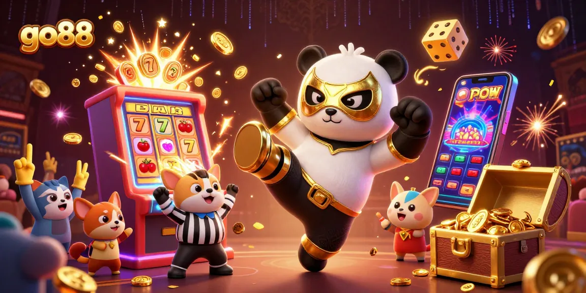 Experience go88 thrills with a panda wrestler kicking, jackpot slots, and wild animal fans!